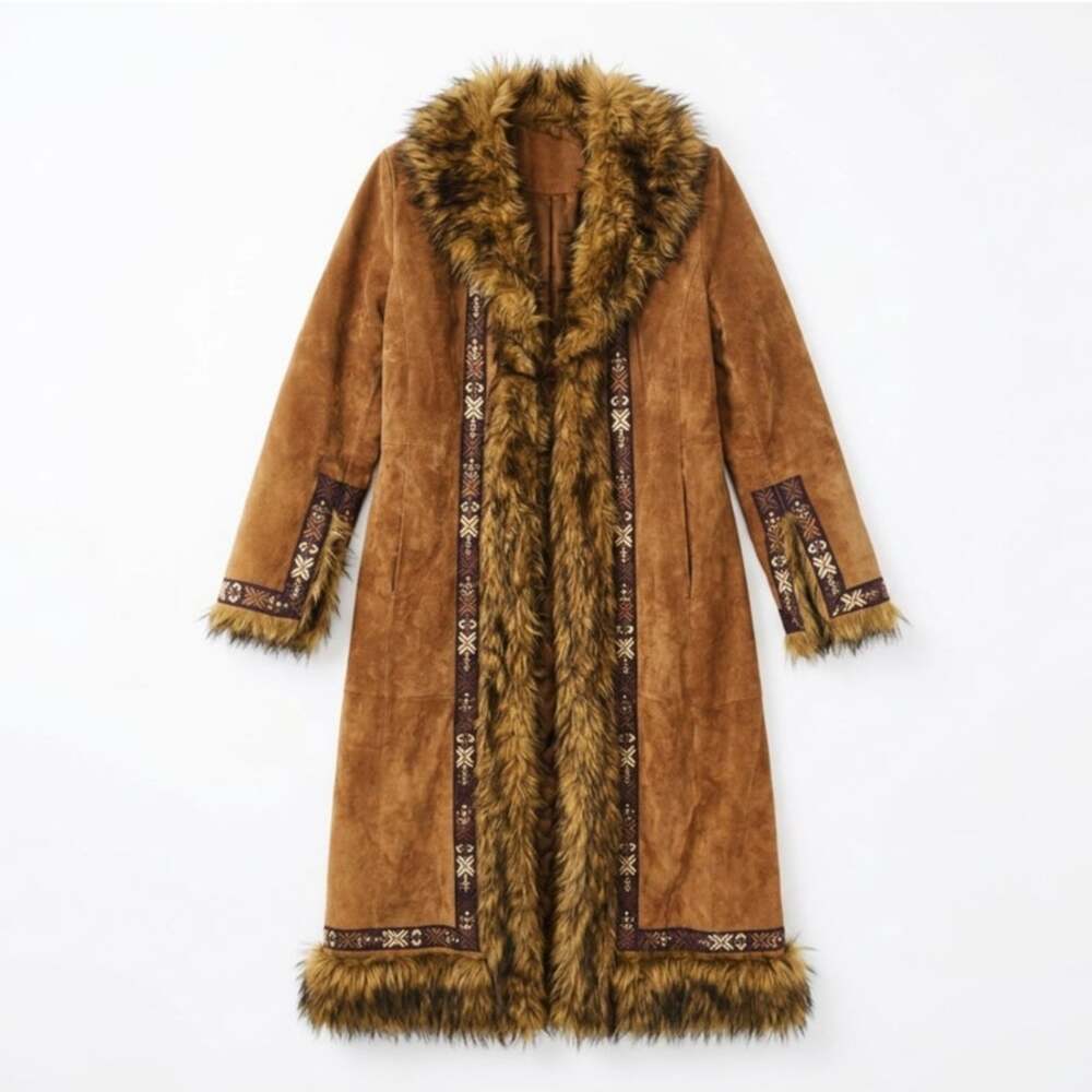 Vintage Y2K Gallery M Brown Full Length Leather Fur Trim Penny Lane Coat Boho